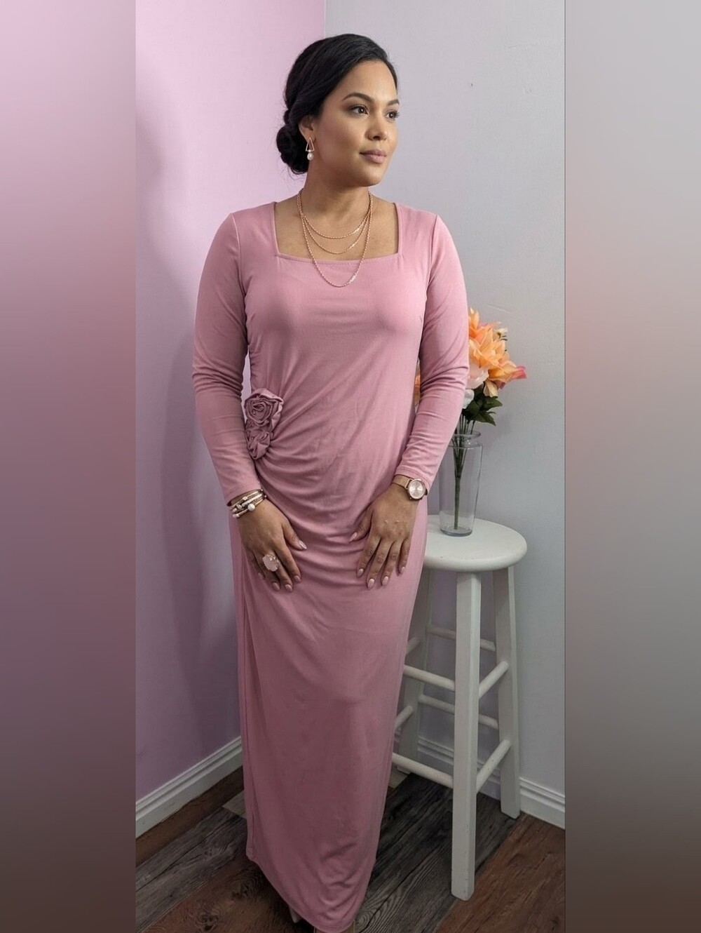 Elegant Dusty Rose Long Sleeve Floral Ruched Maxi Dress